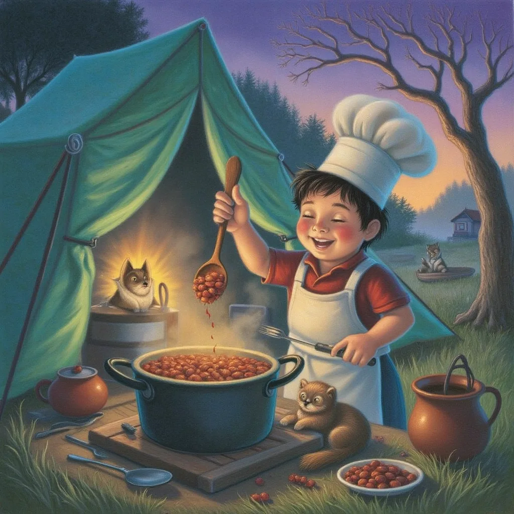 A friendly chef with a wooden spoon tasting a bowl of their own chili and beaming with delight, a little contented creature curled at their feet