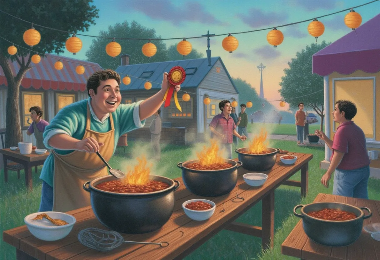 A lively chili cook-off where one of the aproned cooks is also holding a judging spoon and tasting their own steaming pot, while other cooks' pots wait nearby