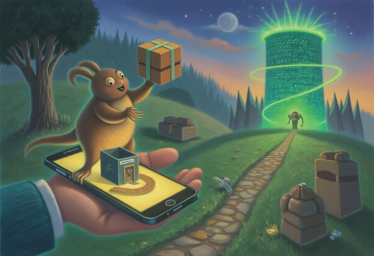 A small friendly creature holds up a freshly shipped app package on a real phone, but the phone's screen shows a road that loops straight back into the phone itself, ending at a tiny dark empty room labeled localhost, while a healthy glowing server waits unreached in the distance