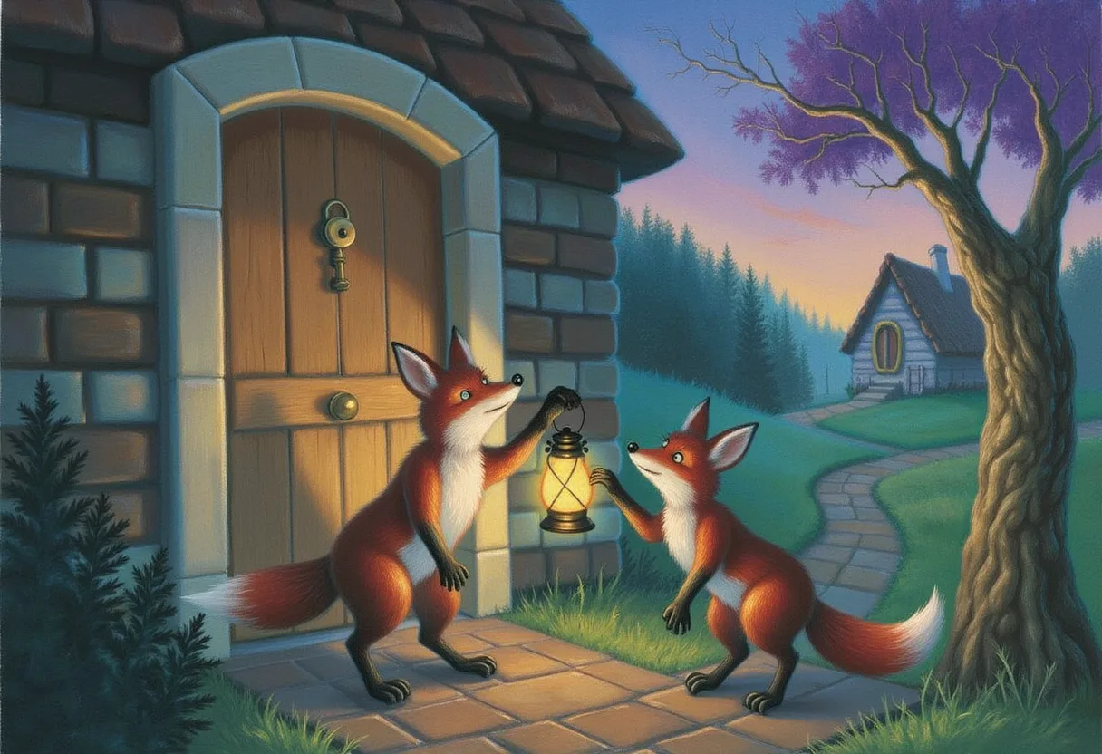 A single sturdy wooden door with one glowing brass lock, a small friendly fox standing guard with a lantern, gently turning away a second identical fox who is trying to knock again