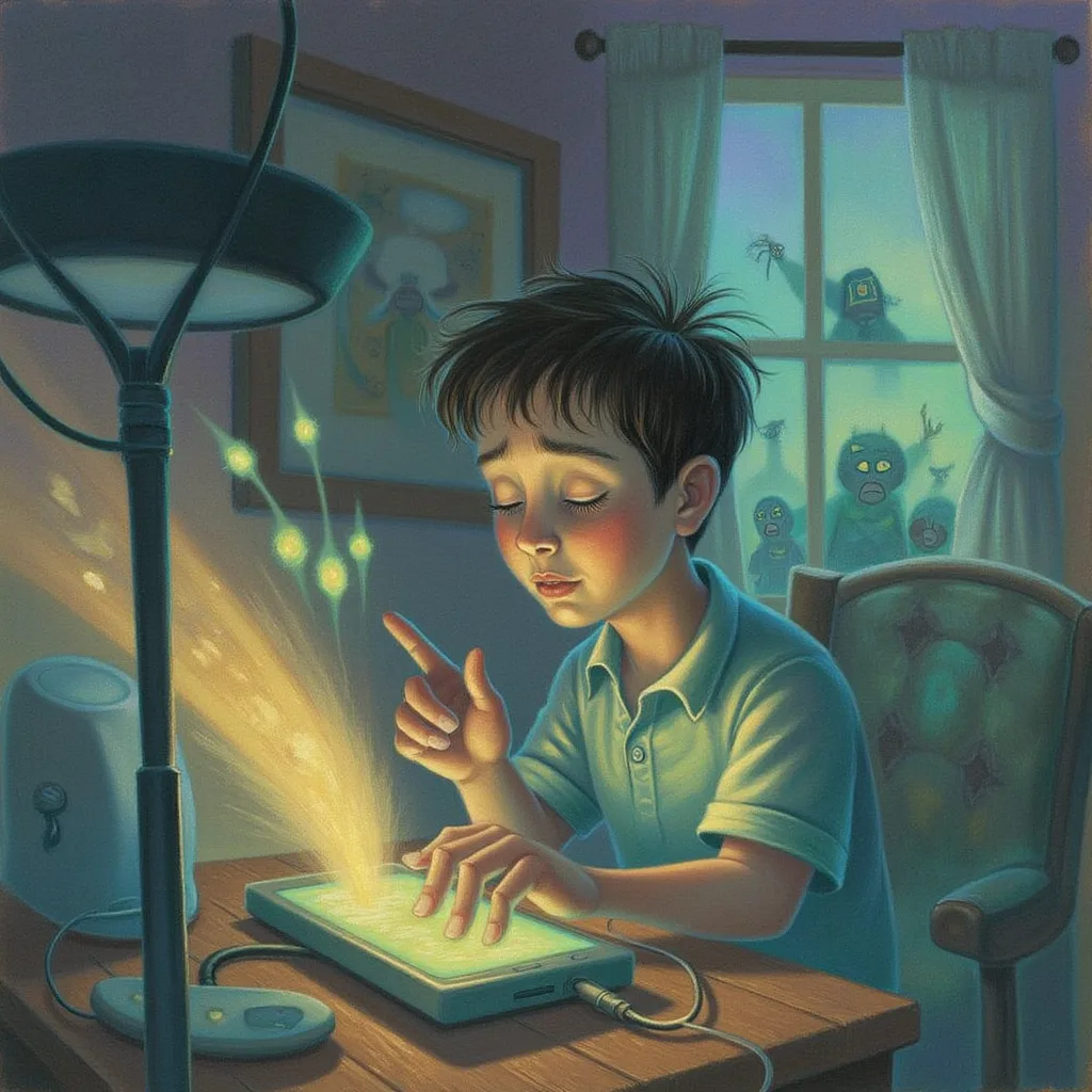 A worried parent creature tapping a glowing button over and over while a phone battery flickers and a network signal wavers, several ghostly duplicate taps trailing from their finger
