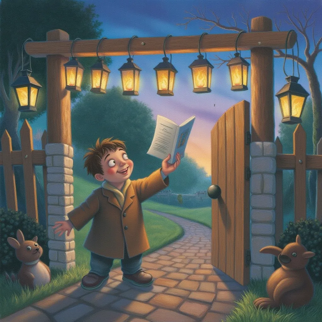 A small friendly gatekeeper creature at a cozy garden gate holding a set of ten little glowing lanterns on a beam, waving a new storybook through because none of the lanterns dropped, while one dim lantern would have swung the gate shut