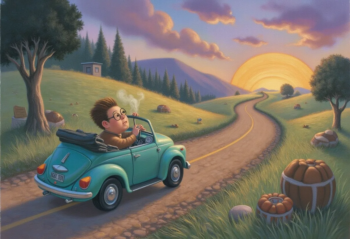 A small friendly creature sits idling in a tiny car at the start of a long road, its fuel gauge already dropping while the engine warms up, thinking hard before it has driven anywhere