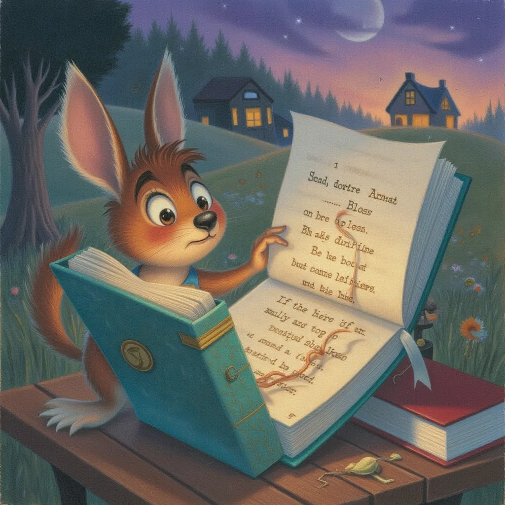 A small creature holds an open storybook whose sentence trails off mid-line into blank empty pages, looking up puzzled because everything about the book looks perfectly fine except that the story just stops