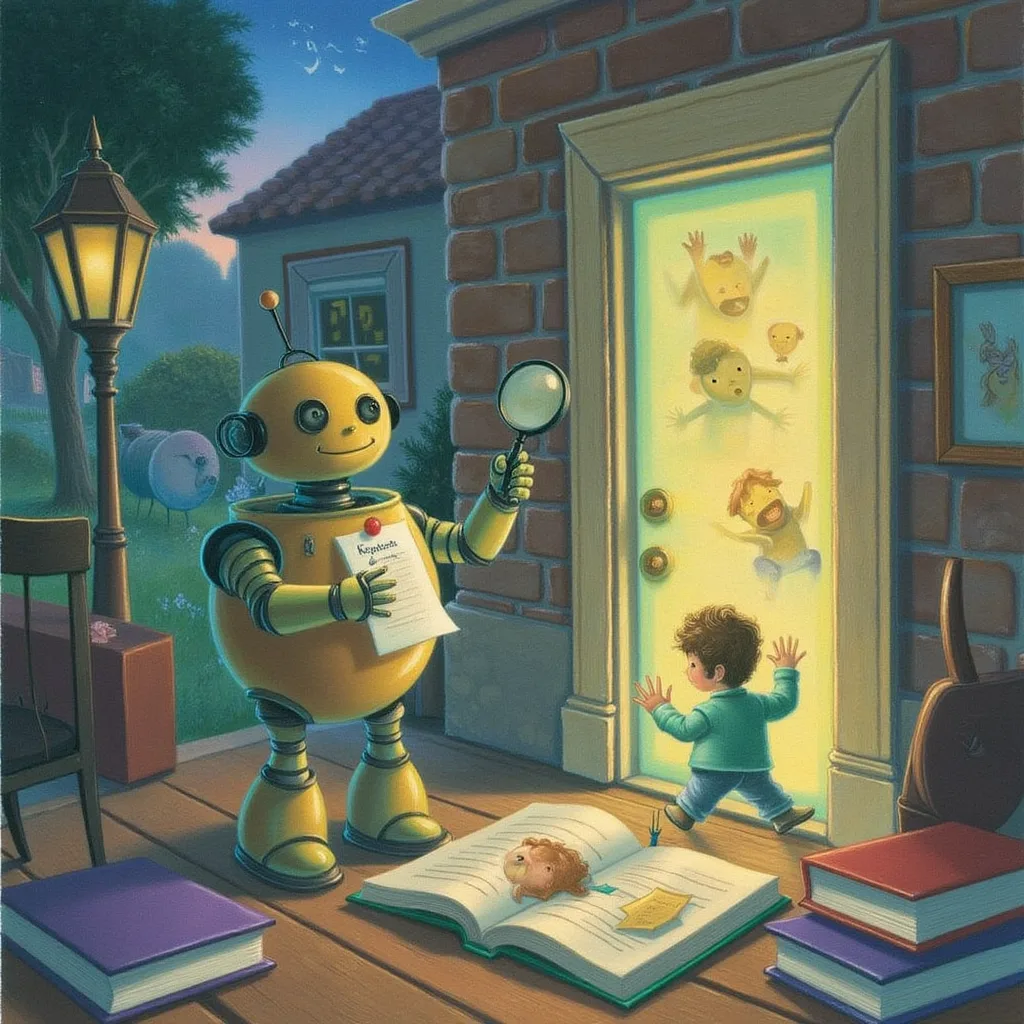 A friendly round robot standing at a glowing storybook door with a checklist and magnifying glass, waving some books through and inspecting an open picture book.