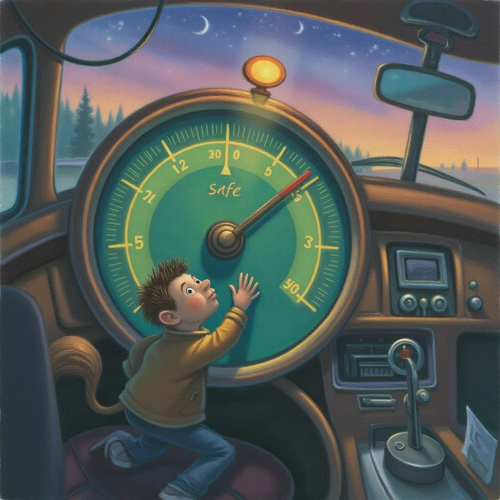 A whimsical dashboard with a single large dial, its needle resting in a green safe zone beneath a small glowing warning light, a small creature reading it.
