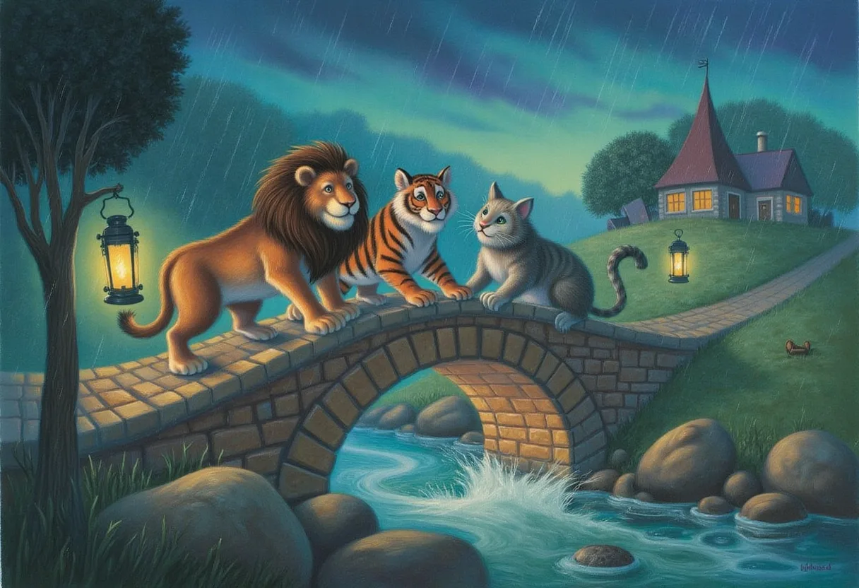 A lion, a tiger, and a sabertooth cat working together to repair a broken stone bridge over a river in gentle rain, warm storybook illustration.