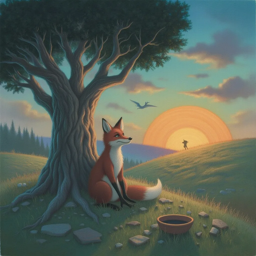 A small lonely fox sitting under a large tree at dusk, looking wistful, with a warm hopeful sunrise glowing on the horizon behind it.