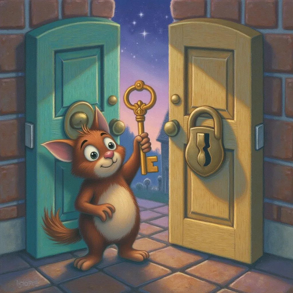 A small friendly creature proudly holding a single ornate key that fits exactly one door lock perfectly, standing beside a brand-new different lock that the key no longer opens